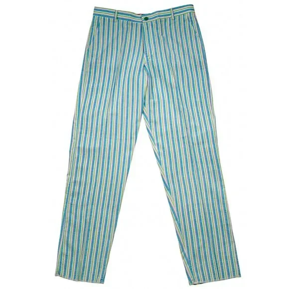 Mens 34 Chino Pants Blue Green Seersucker Stripe Flat Front Straight Trousers